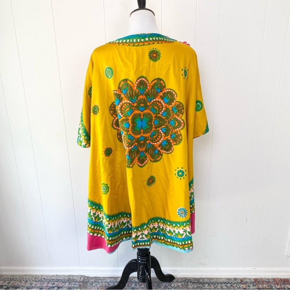 VTG 60s Top Cape Hippie Yellow Hawaiian Cotton Tunic Boho One Size Handmade - Picture 7 of 16